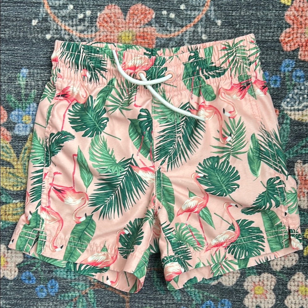 Old Navy Boys Pink Flamingo Palm Leaves Swim Trunks, Size XS (5)